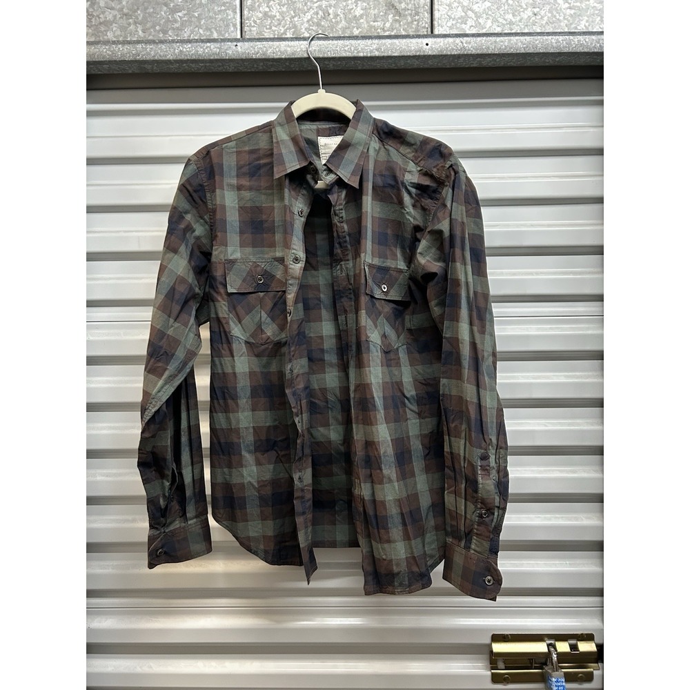 Billy Reid Mens Brown Green Plaid Long Sleeve Shirt Medium Made USA